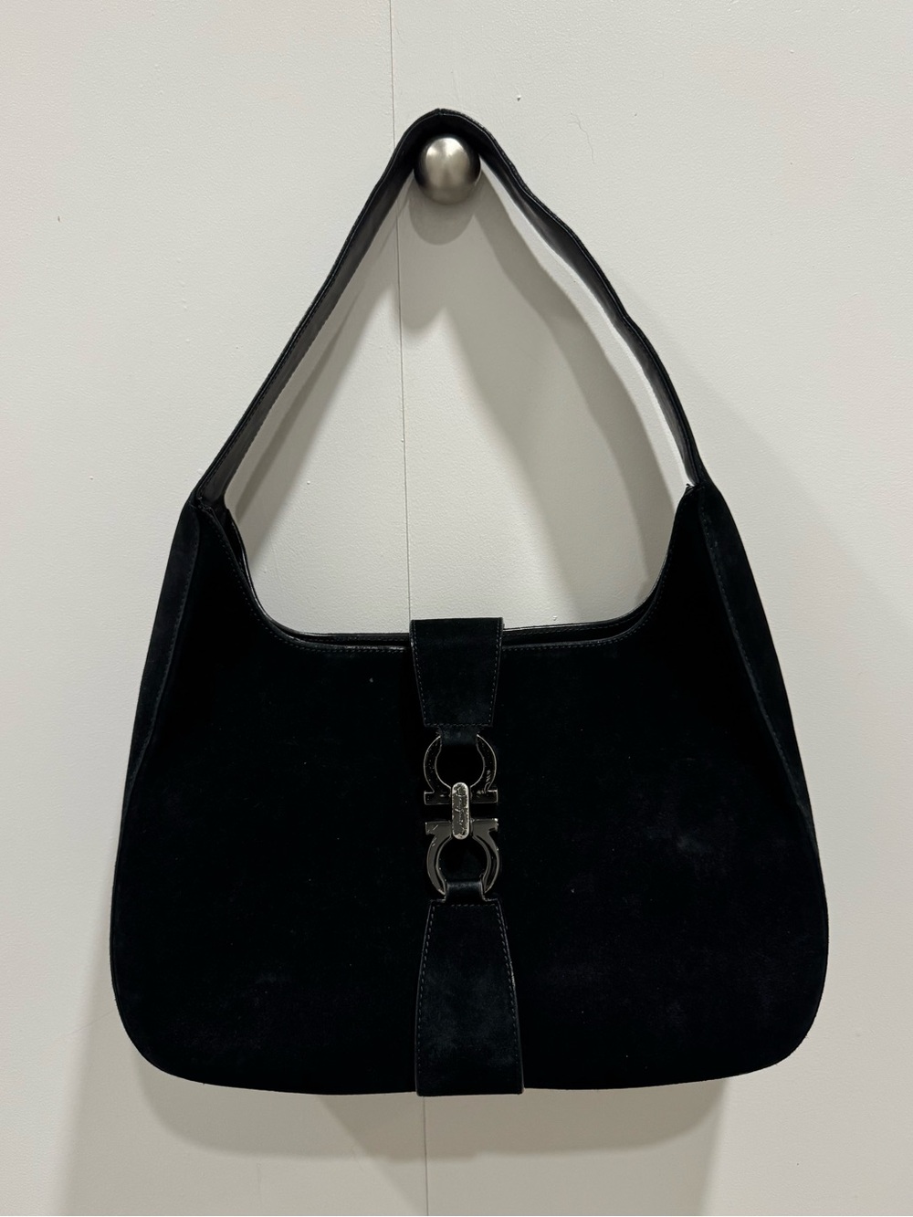 Vintage Salvatore Ferragamo black suede hobo shoulder bag with silver hardware